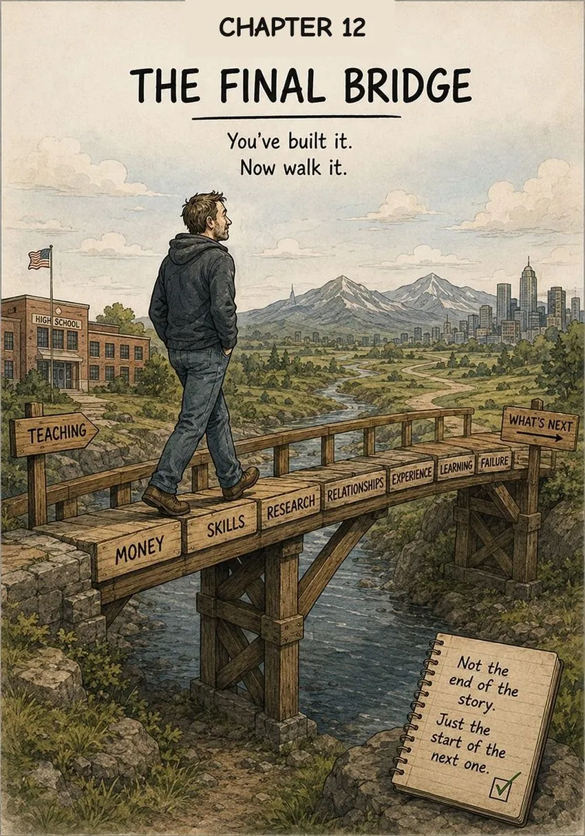 Illustration of a person crossing a bridge built from planks labeled money, skills, research, relationships, experience, learning and failure, walking away from a school toward a city and mountains.