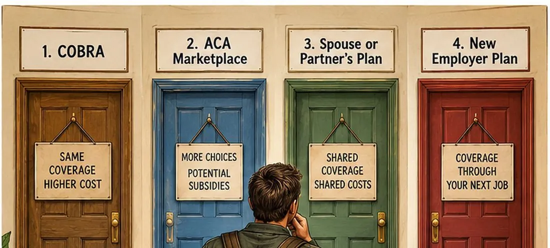 Illustration of four doors representing health coverage options after leaving teaching: a new employer's plan, a spouse or partner's plan, continuation coverage, and the individual marketplace.