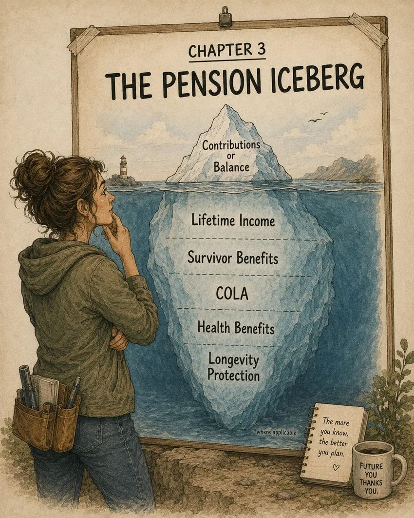 Illustration of a pension drawn as an iceberg: a small visible balance above the waterline and a much larger mass of service credit, vesting rules, and future income below it.