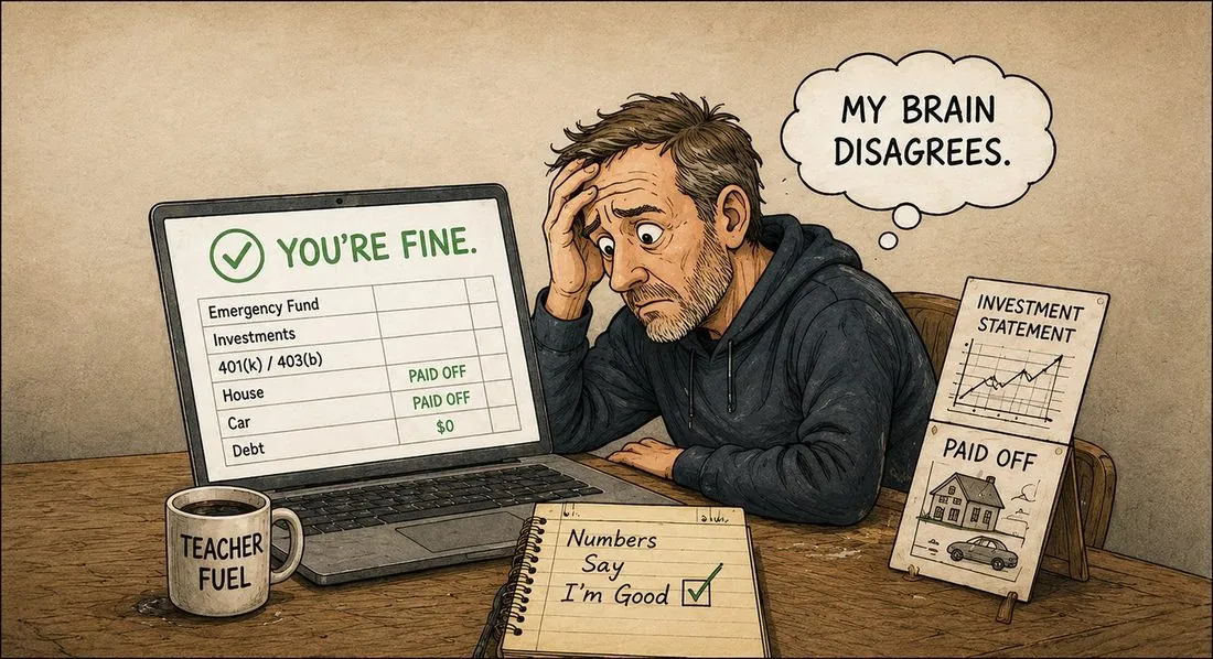 A teacher at a kitchen table looking at a laptop spreadsheet that says the finances are fine, while a thought bubble reads: my brain disagrees.